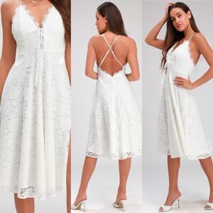 Lulus Waverly White Lace Lace-Up Midi Dress bridal wedding formal gown M NEW